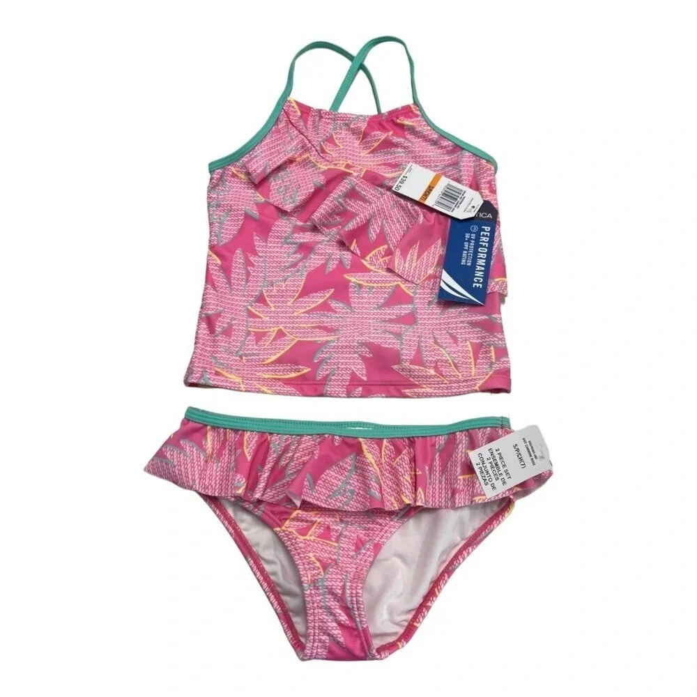 Nautica Swimsuit Pink Palm Tree Print Bikini Tank Girls 7 Vacation Tropical Pool